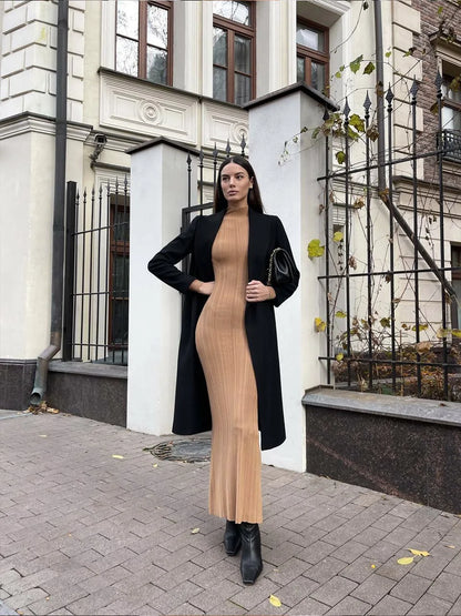 Slim Long-Sleeved Striped Turtleneck Knitted Dress