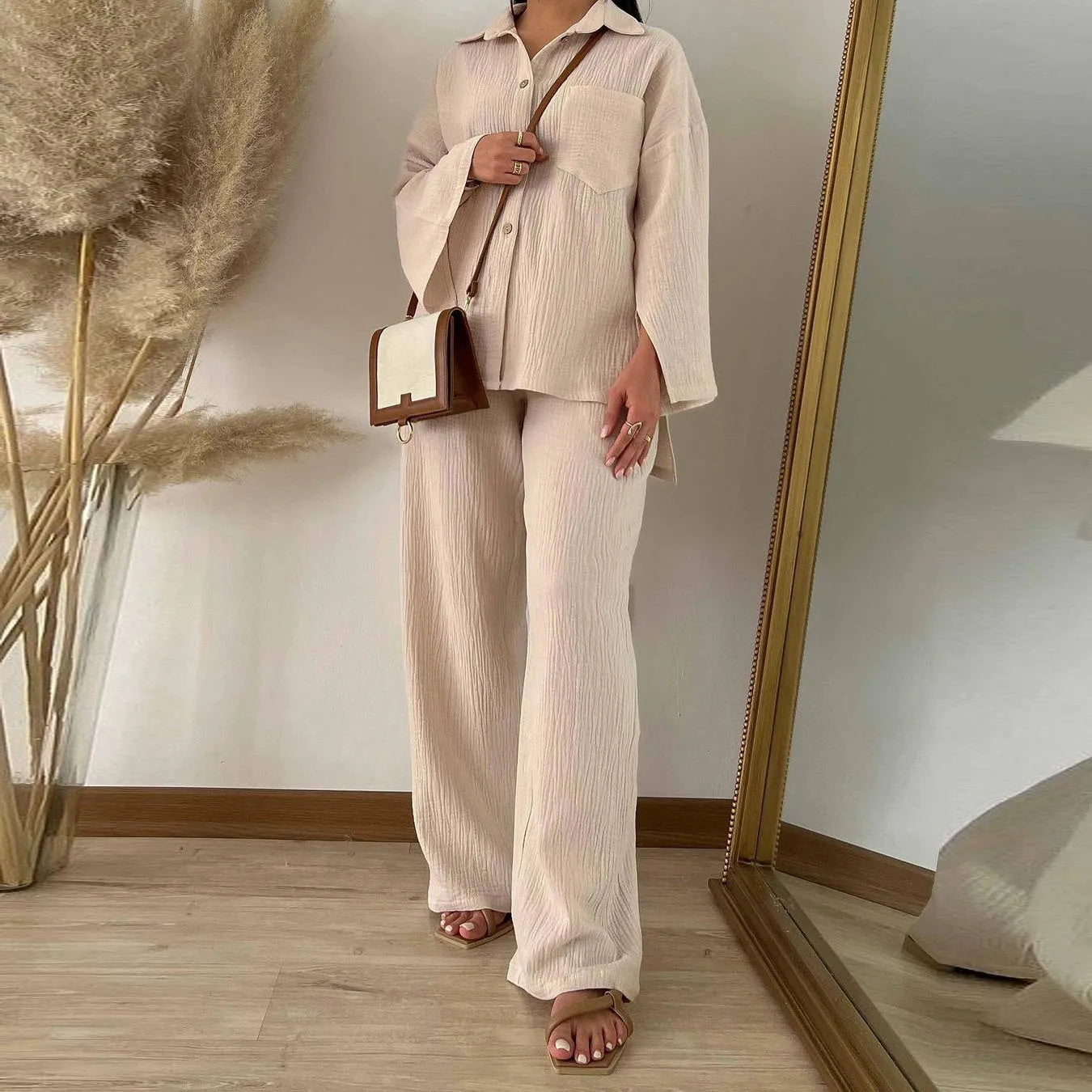 Two Piece Set with Pocket Shirt and Wide Leg Pants