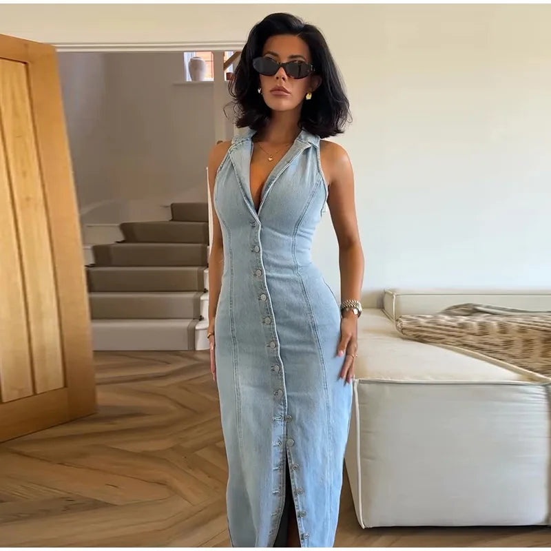 Sleeveless Denim Collared Maxi Dress