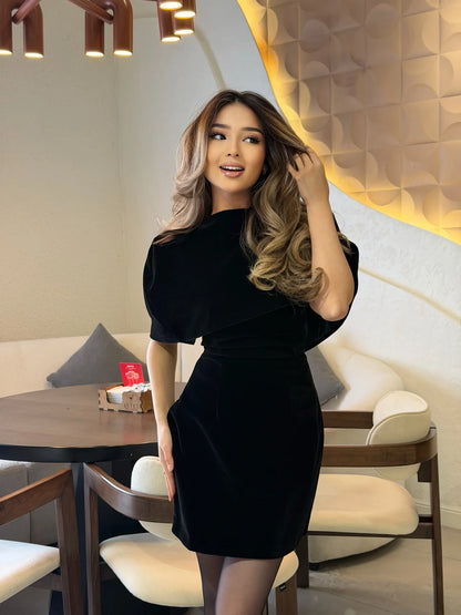 Elegant Solid Shawl Waist Cinching Dress