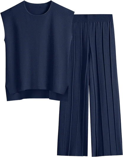 Knitted Two Piece Sleeveless Round Neck Top with High Wasted Wide Leg Pants