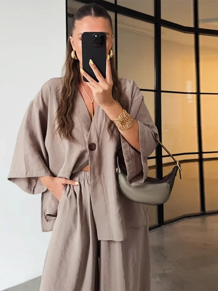 Women Loose Cotton Linen One Button Half Sleeve V-Neck Top & Pants Two-Piece Set