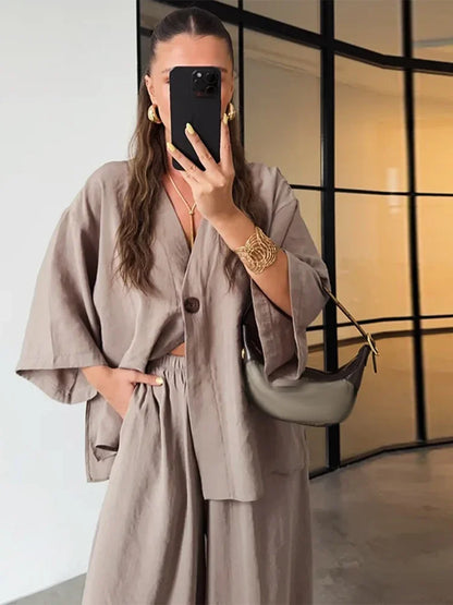 Women Loose Cotton Linen One Button Half Sleeve V-Neck Top & Pants Two-Piece Set