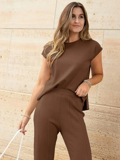Knitted Two Piece Sleeveless Round Neck Top with High Wasted Wide Leg Pants