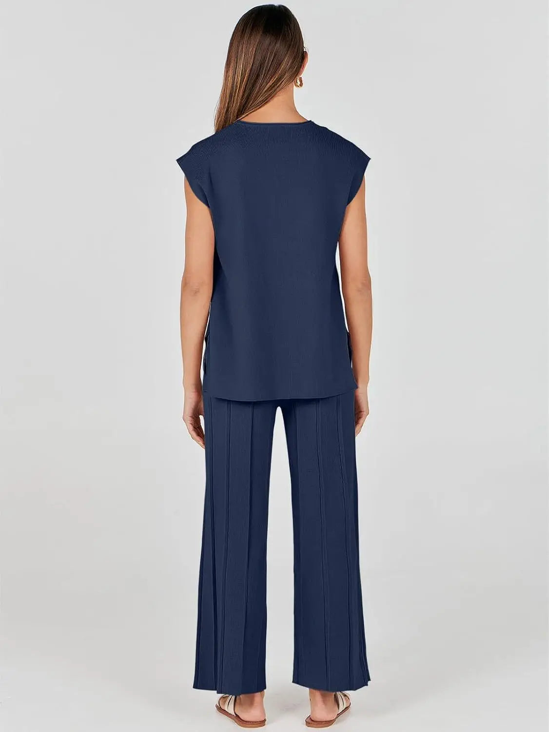 Knitted Two Piece Sleeveless Round Neck Top with High Wasted Wide Leg Pants