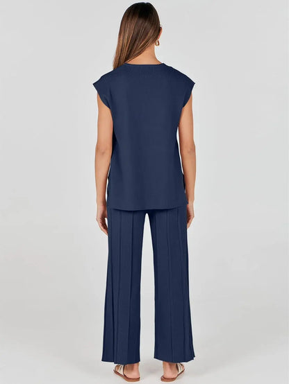 Knitted Two Piece Sleeveless Round Neck Top with High Wasted Wide Leg Pants
