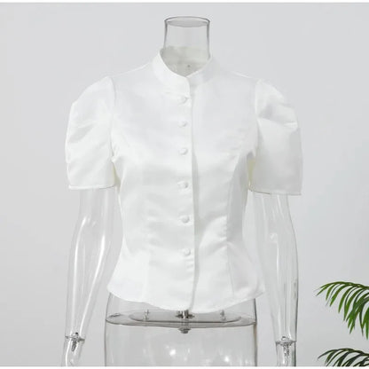 Satin Solid Round Neck Puffer Short Sleeve Button-up Blouse