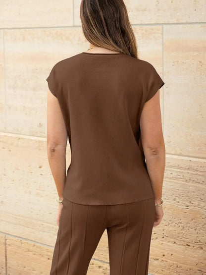 Knitted Two Piece Sleeveless Round Neck Top with High Wasted Wide Leg Pants