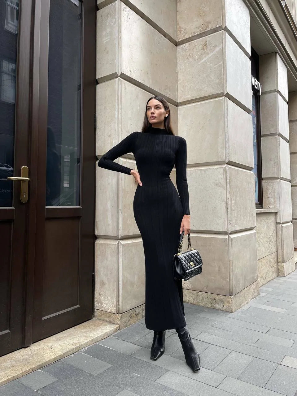 Slim Long-Sleeved Striped Turtleneck Knitted Dress