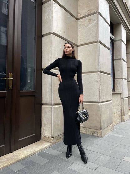Slim Long-Sleeved Striped Turtleneck Knitted Dress