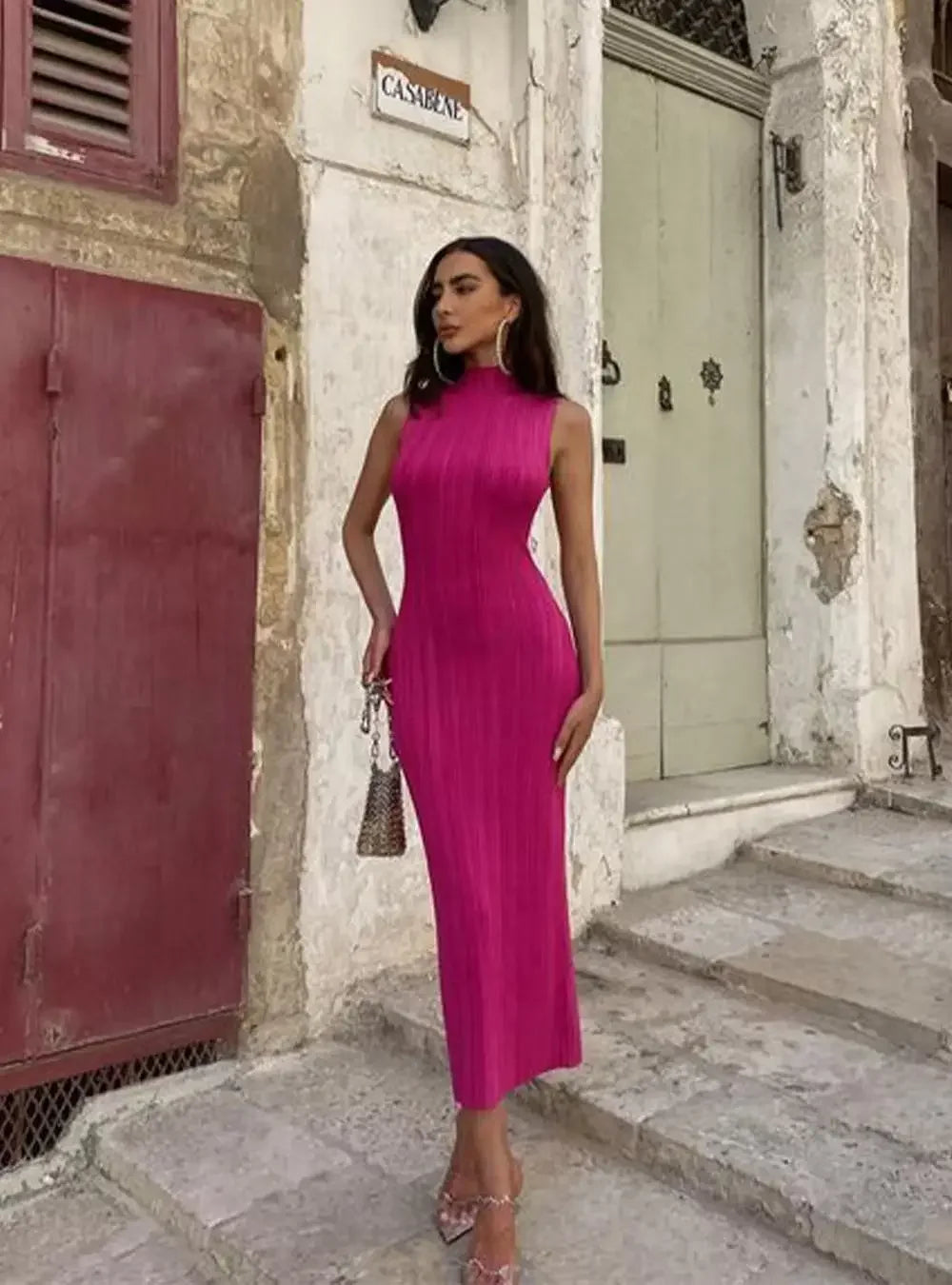 Sleeveless Ribbed Knit Turtleneck Maxi Dress