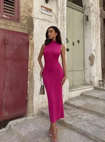 Sleeveless Ribbed Knit Turtleneck Maxi Dress