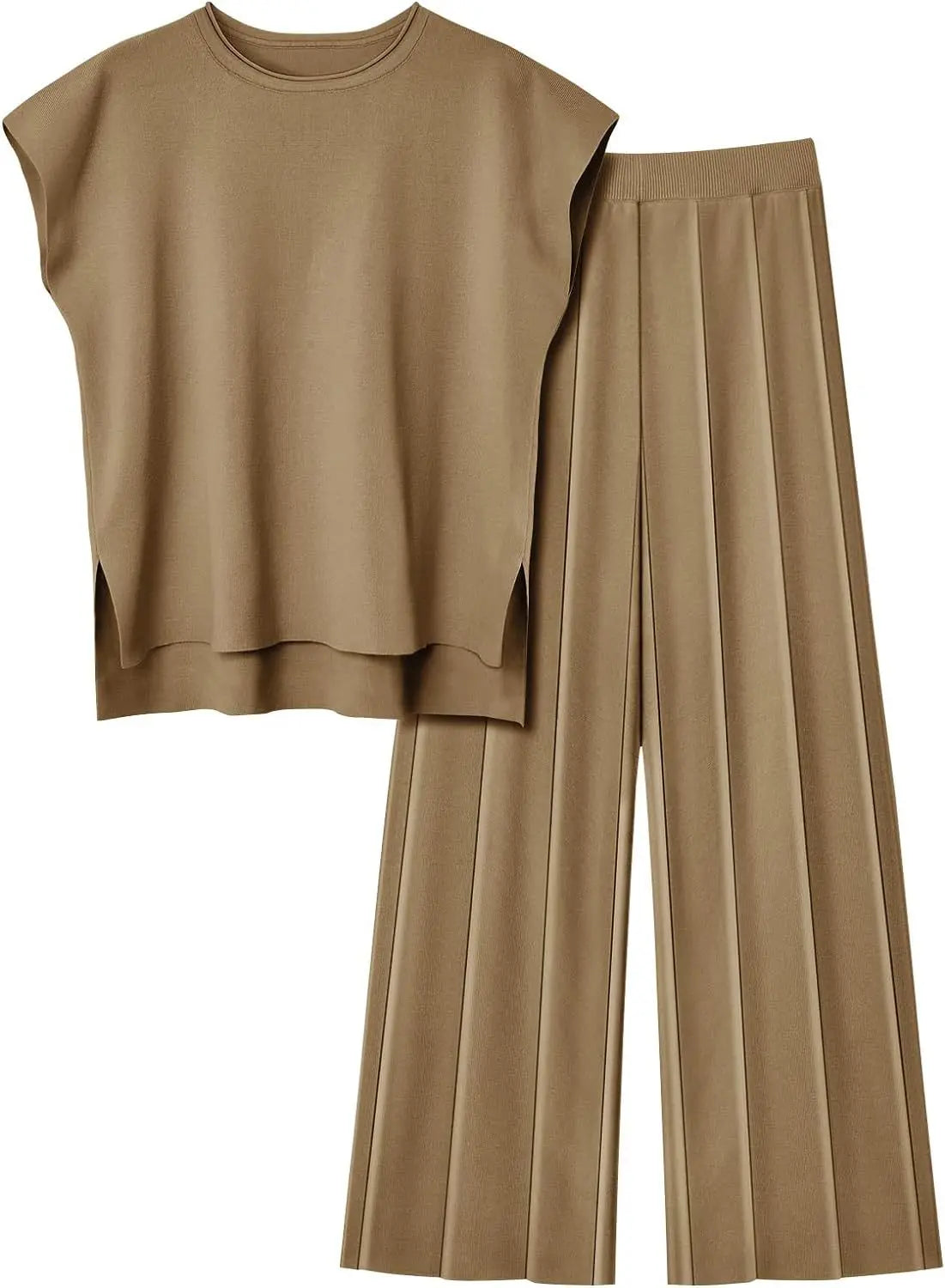 Knitted Two Piece Sleeveless Round Neck Top with High Wasted Wide Leg Pants