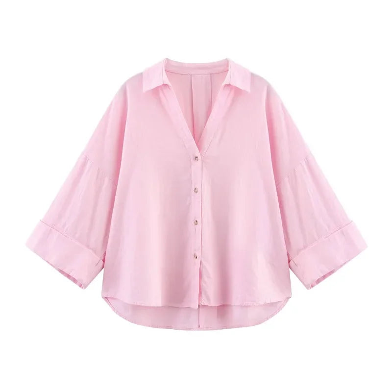 Women's Loose Casual Wide Sleeve Button up Blouse