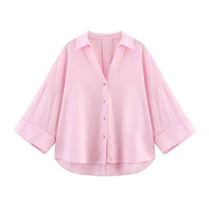 Women's Loose Casual Wide Sleeve Button up Blouse