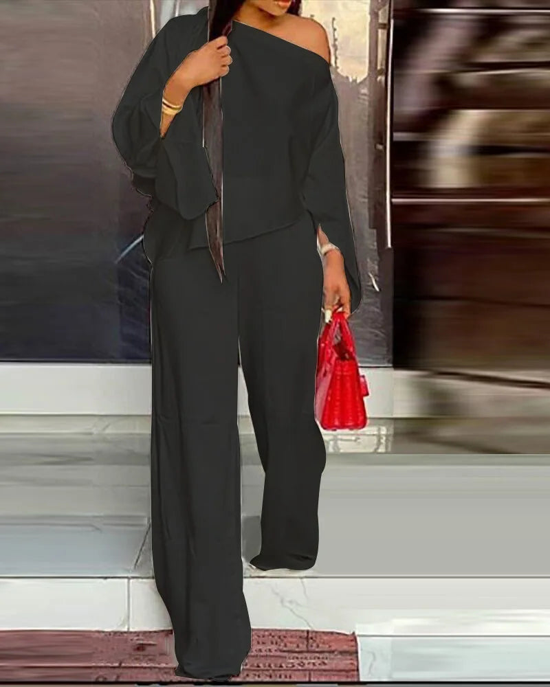 Diagonal Shoulder Wide Leg Trouser 2 piece Set