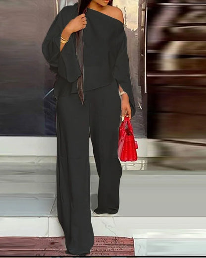 Diagonal Shoulder Wide Leg Trouser 2 piece Set