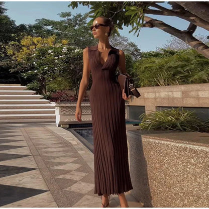 Elegant Knitted Pleated Polo Neck A-line Evening Dress