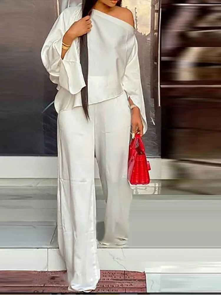 Diagonal Shoulder Wide Leg Trouser 2 piece Set