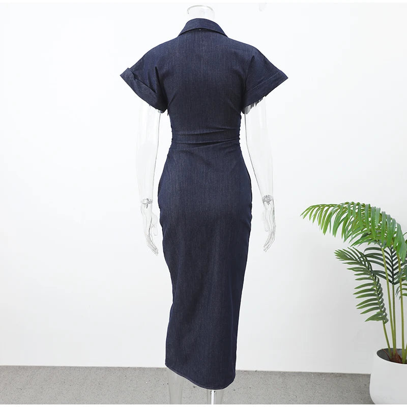 White Sleeveless Collared Denim Maxi Dress
