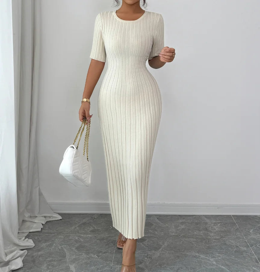 Elegant Short Sleeved Round Neck Casual Long Dress