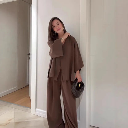 Women Loose Cotton Linen One Button Half Sleeve V-Neck Top & Pants Two-Piece Set