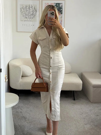 White Sleeveless Collared Denim Maxi Dress