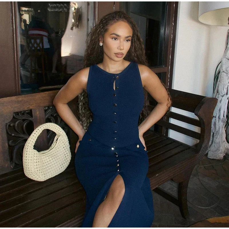 Knit Ribbed Sleeveless Cardigan Maxi dress