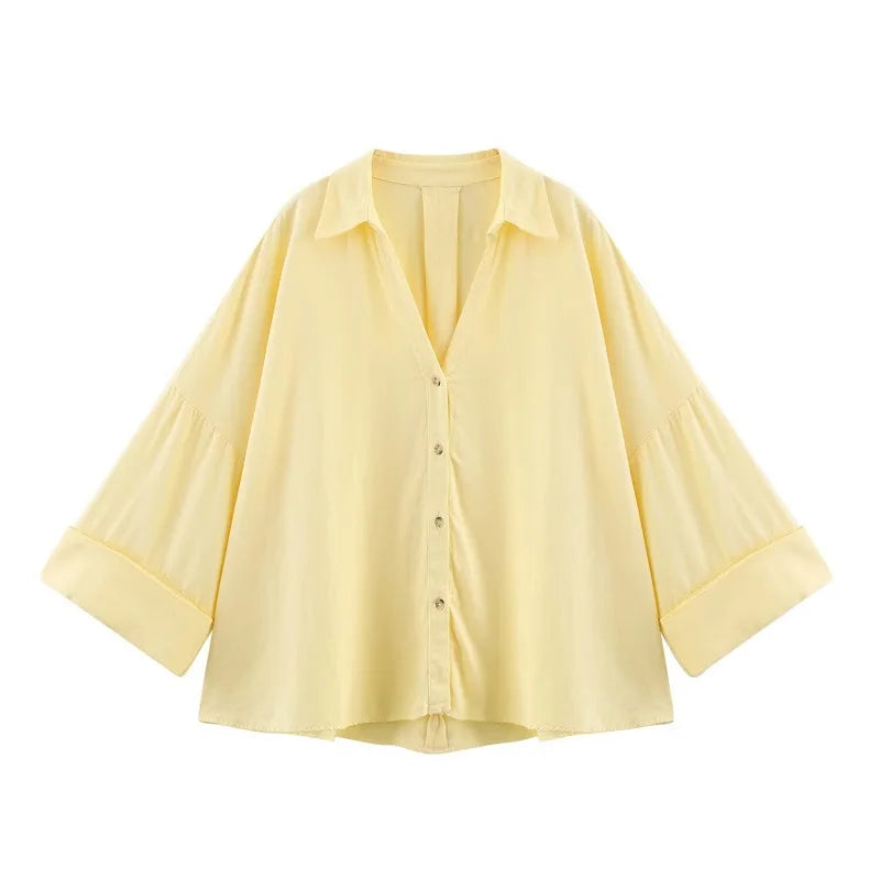 Women's Loose Casual Wide Sleeve Button up Blouse