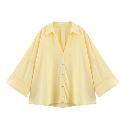 Women's Loose Casual Wide Sleeve Button up Blouse