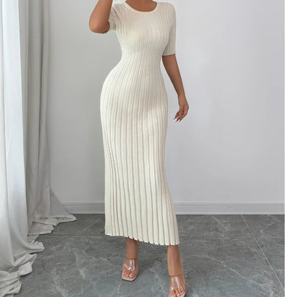 Elegant Short Sleeved Round Neck Casual Long Dress
