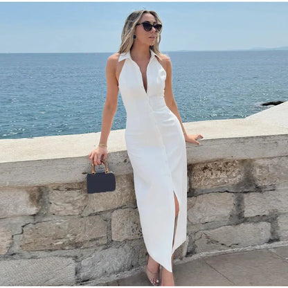 White Sleeveless Collared Denim Maxi Dress