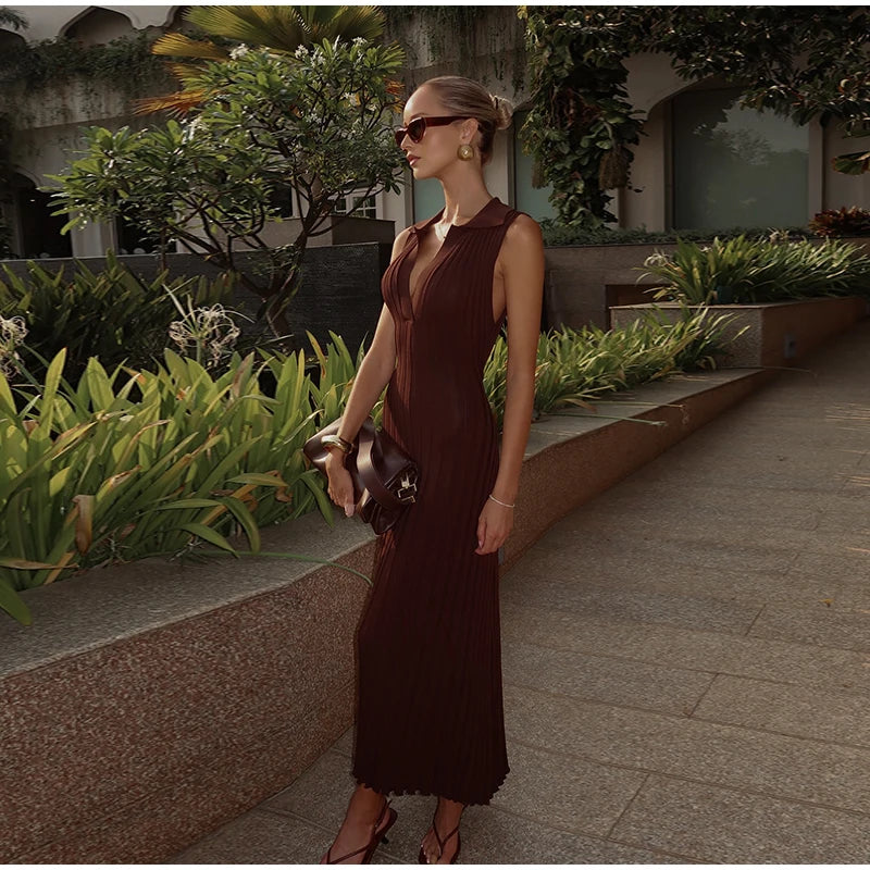 Elegant Knitted Pleated Polo Neck A-line Evening Dress