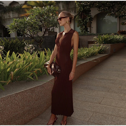 Elegant Knitted Pleated Polo Neck A-line Evening Dress