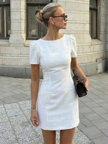 Elegant Solid Color Puff Sleeve Dress