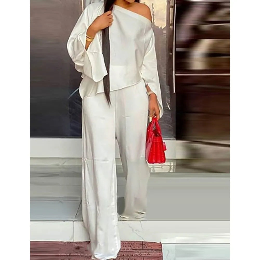 Diagonal Shoulder Wide Leg Trouser 2 piece Set