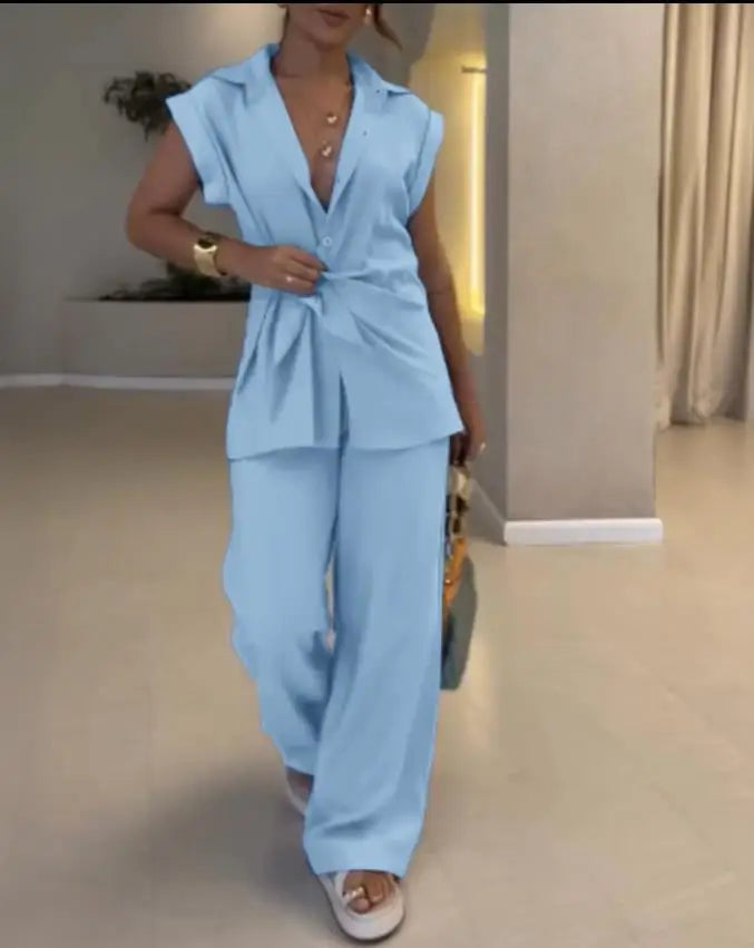 Elegant Short-sleeved Single Breasted Pants Set