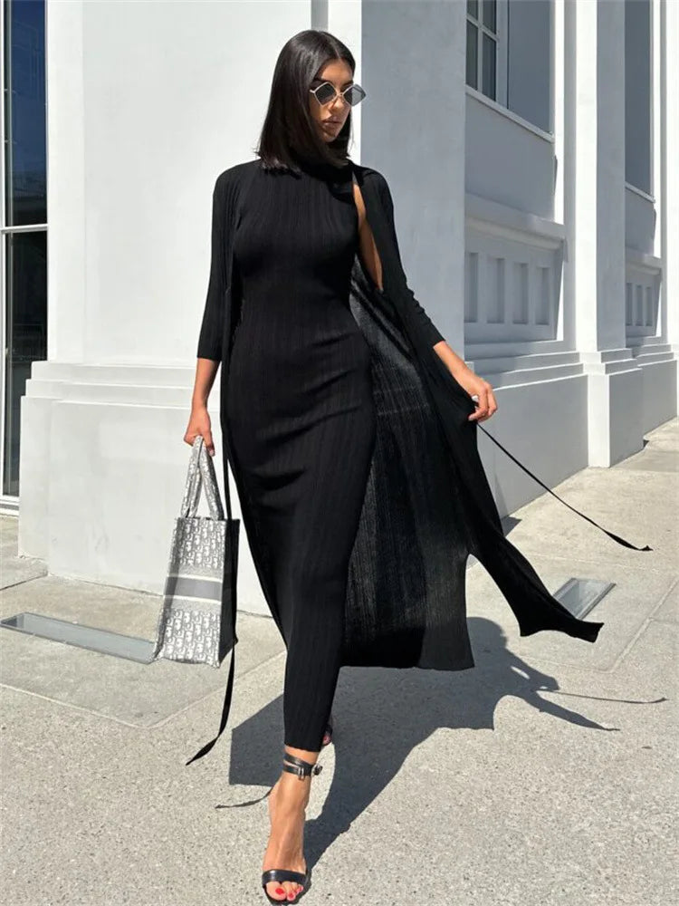 Sleeveless Ribbed Knit Turtleneck Maxi Dress