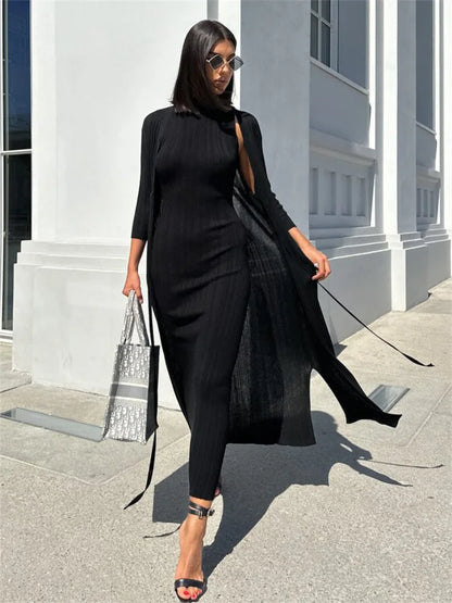 Sleeveless Ribbed Knit Turtleneck Maxi Dress