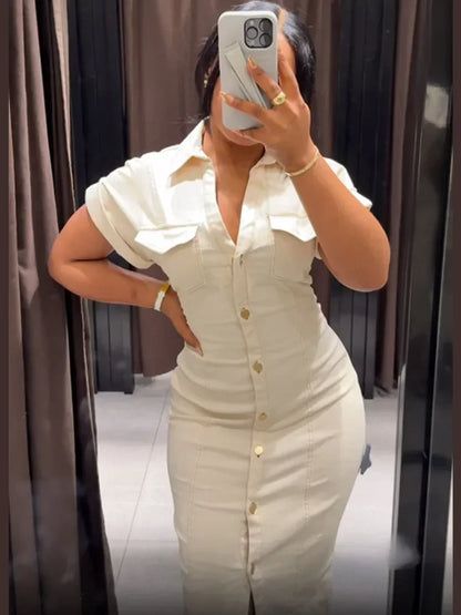 White Sleeveless Collared Denim Maxi Dress