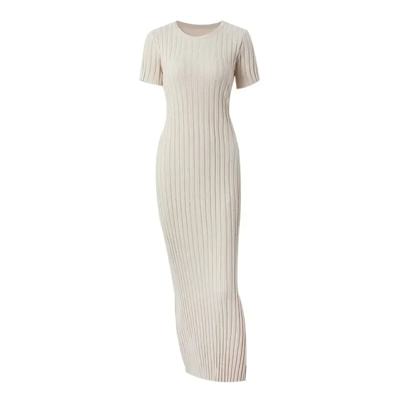 Knitted Short Sleeve Pleated Long Dress