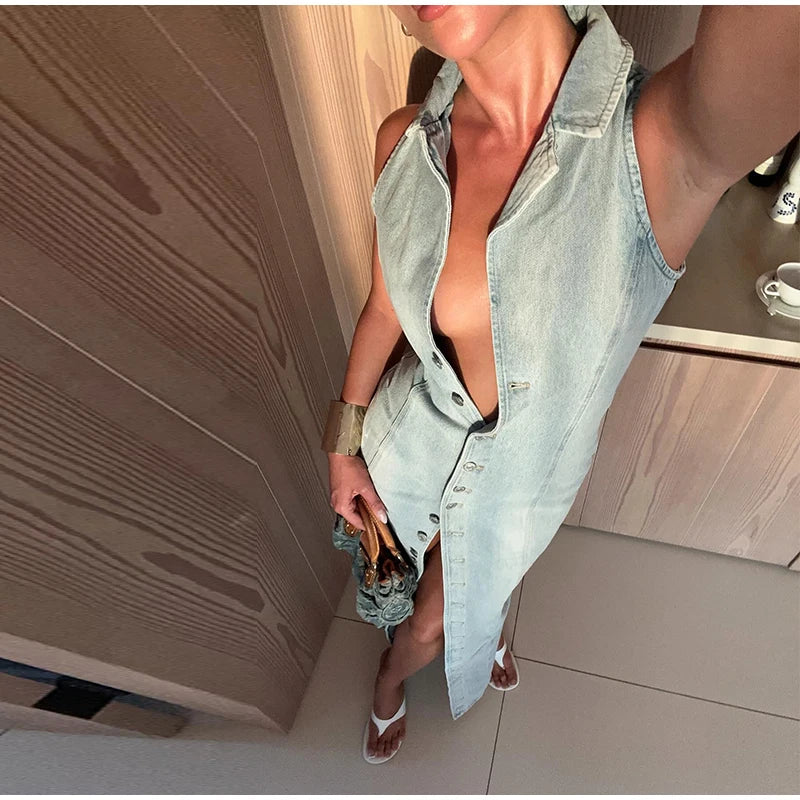 Sleeveless Denim Collared Maxi Dress
