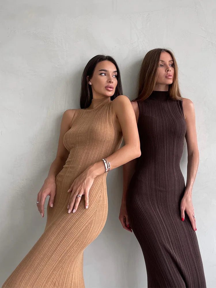 Sleeveless Ribbed Knit Turtleneck Maxi Dress