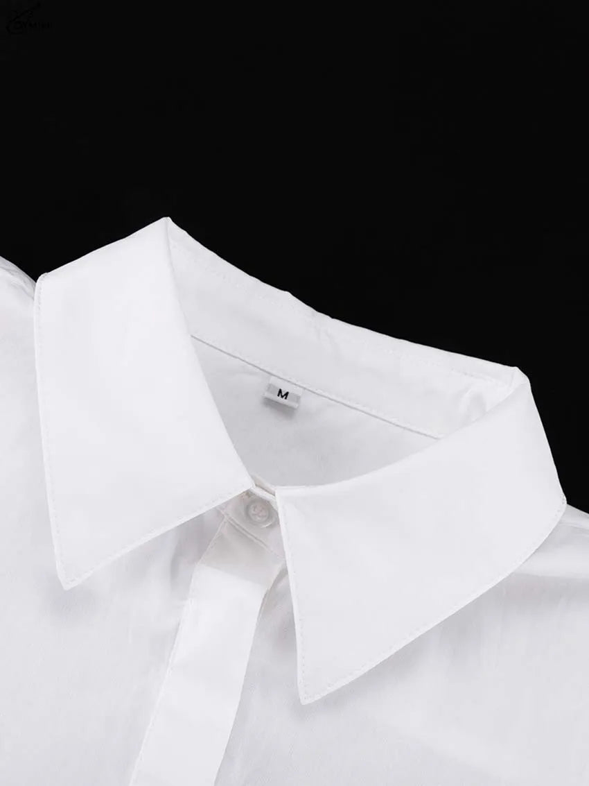White Turn-Down Collar Half Sleeve Button Dress