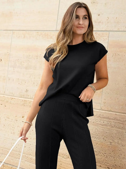 Knitted Two Piece Sleeveless Round Neck Top with High Wasted Wide Leg Pants