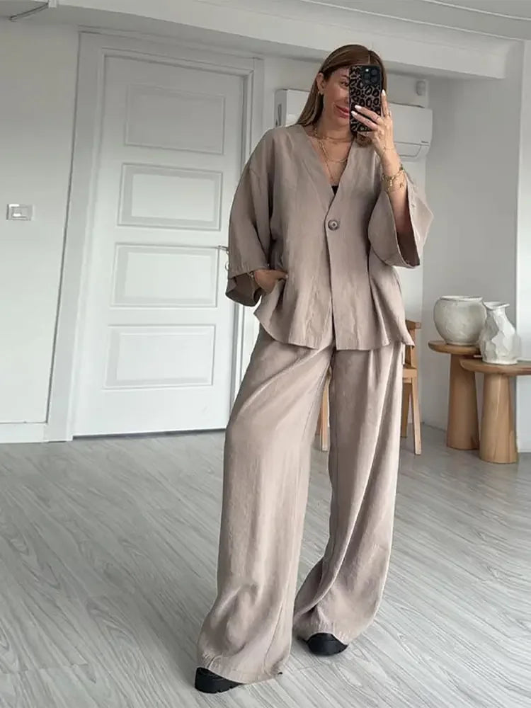 Women Loose Cotton Linen One Button Half Sleeve V-Neck Top & Pants Two-Piece Set