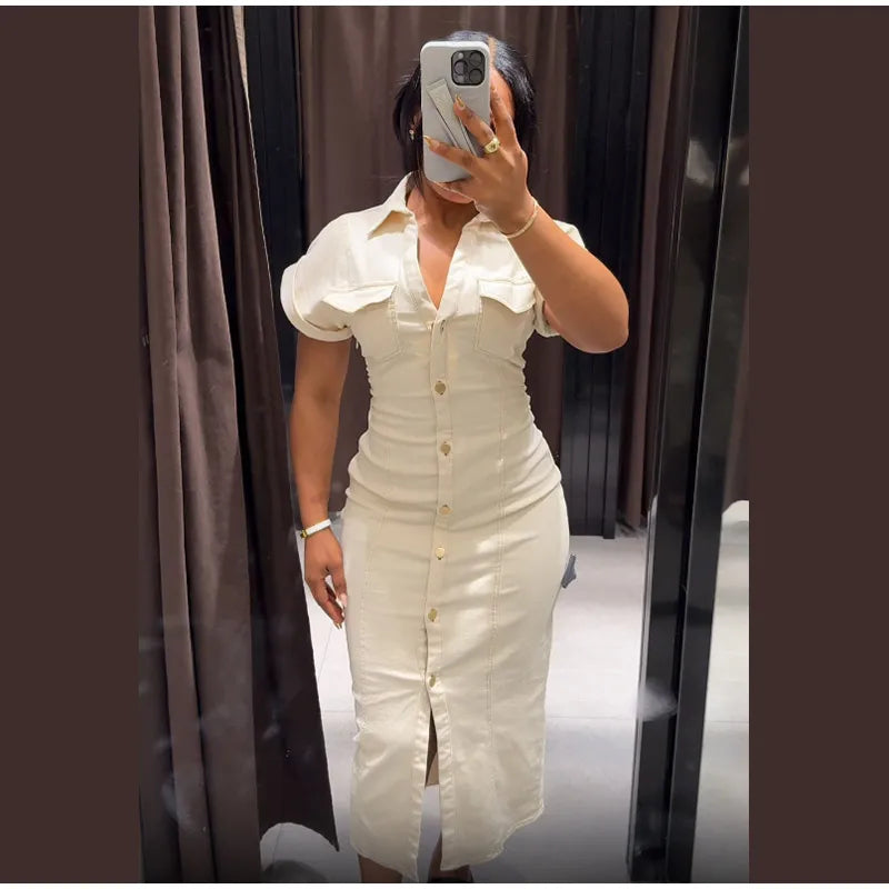 White Sleeveless Collared Denim Maxi Dress