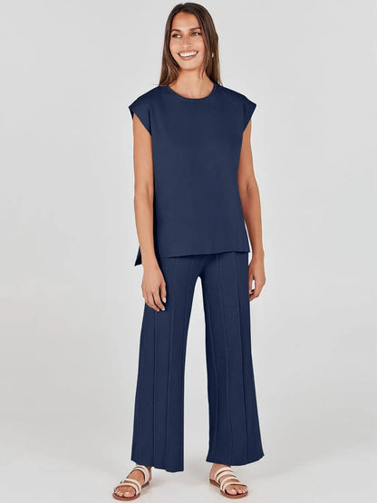 Knitted Two Piece Sleeveless Round Neck Top with High Wasted Wide Leg Pants