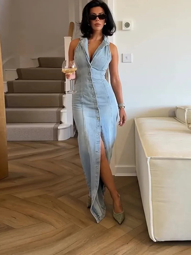 Sleeveless Denim Collared Maxi Dress