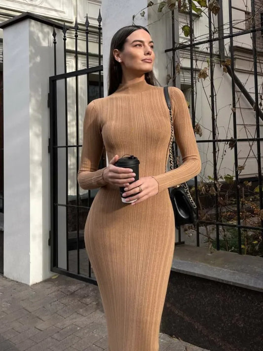 Slim Long-Sleeved Striped Turtleneck Knitted Dress